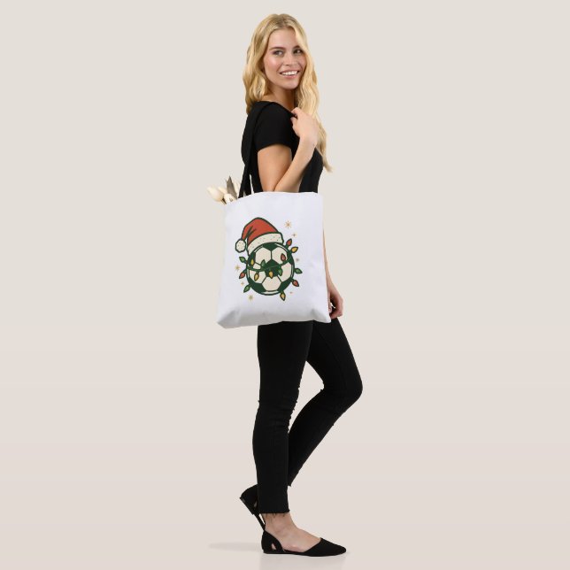Soccer Ball Christmas Lights Santa Hat Funny  Tote Bag (On Model)