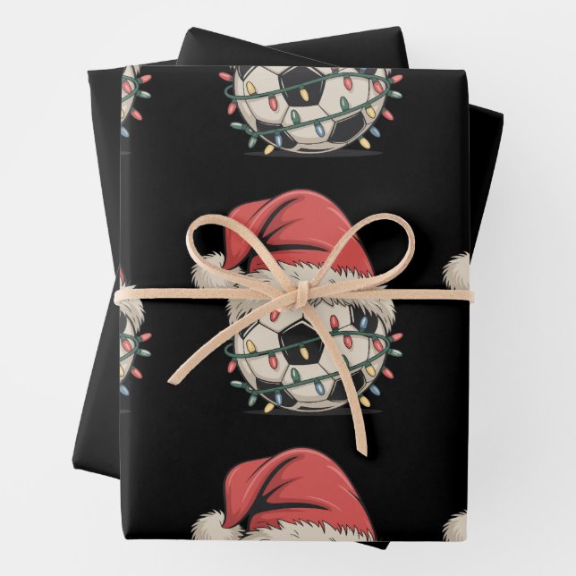 Soccer Ball Christmas Santa Hat Xmas Sports Wrapping Paper Sheet (In situ)
