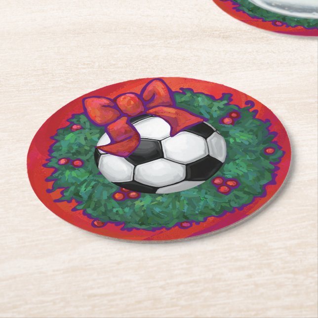 Soccer Ball Christmas Wreath Round Paper Coaster (Angled)