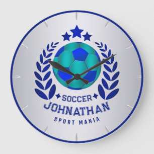 Soccer Ball Crest Bright Blue Sport Fan Gifts Large Clock