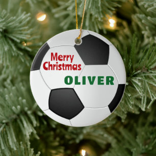 Soccer Ball Custom Name Merry Christmas  Ceramic Tree Decoration