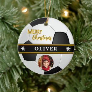 Soccer Ball Custom Name Merry Christmas Photo Ceramic Tree Decoration