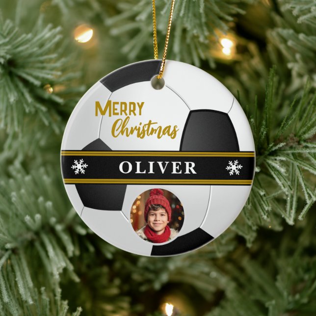 Soccer Ball Custom Name Merry Christmas Photo Ceramic Tree Decoration (Tree)