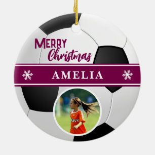 Soccer Ball Custom Name Merry Christmas Photo Ceramic Tree Decoration