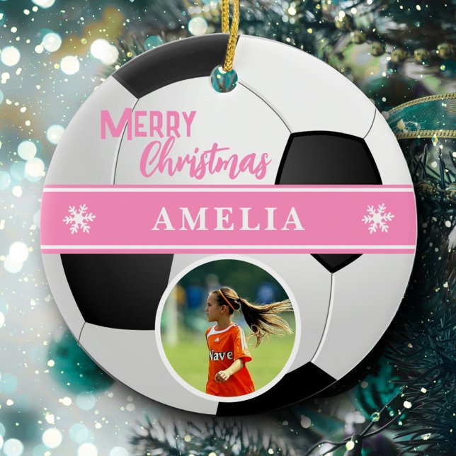Soccer Ball Custom Name Merry Christmas Photo Ceramic Tree Decoration (Creator Uploaded)