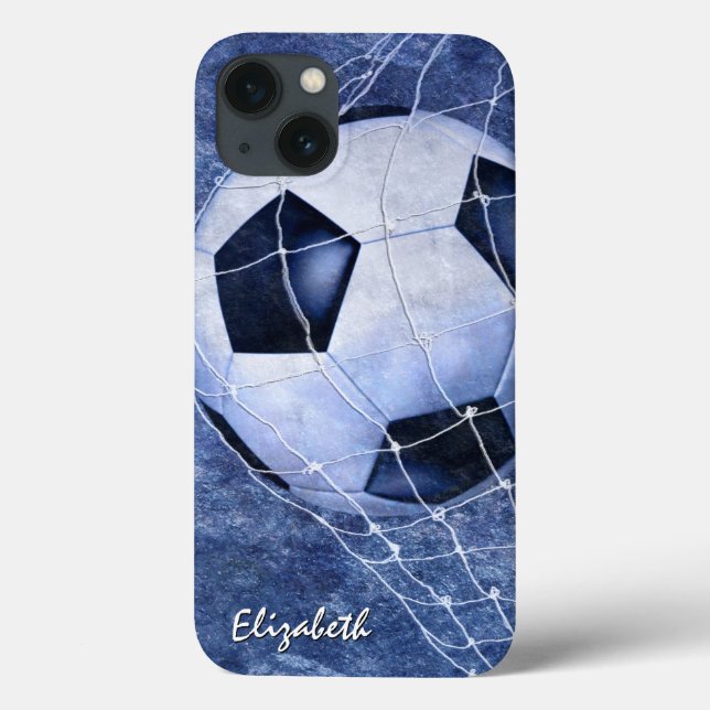 Soccer ball denting the net blue girl's soccer Case-Mate iPhone case (Back)