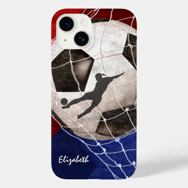 Soccer ball denting the net red blue girl's soccer Case-Mate iPhone case (Back)