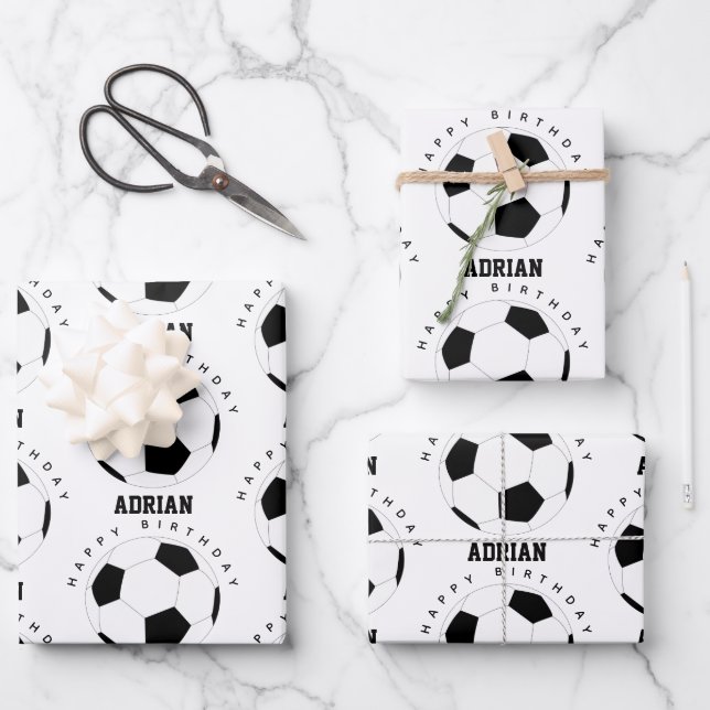 Soccer Ball Football Personalised Name Birthday Wrapping Paper Sheet (Front)