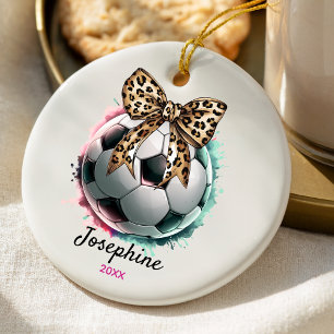 soccer ball football player girly leopard bow ceramic tree decoration