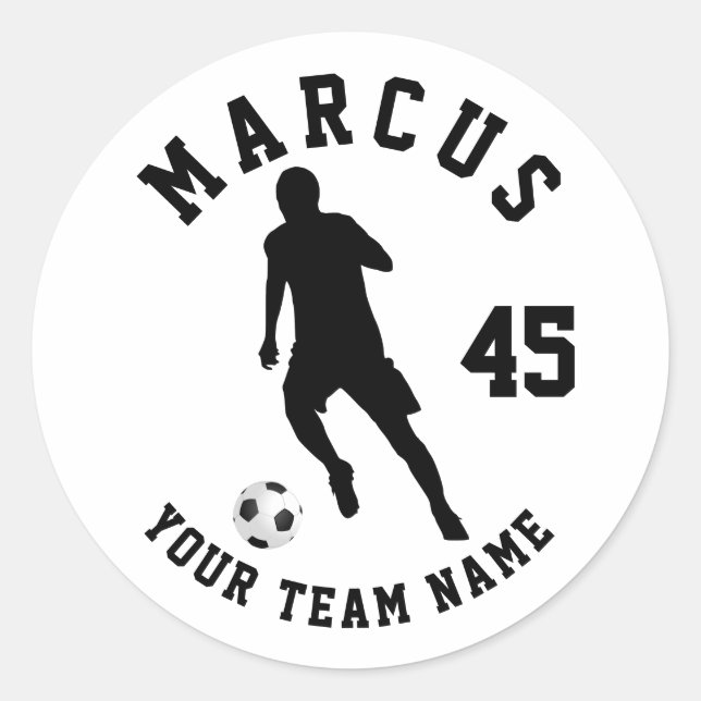 Soccer Ball Football Player Team Name Number  Classic Round Sticker (Front)