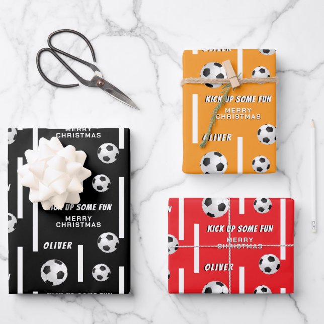 Soccer Ball Football Sports Kids Merry Christmas Wrapping Paper Sheet (Front)