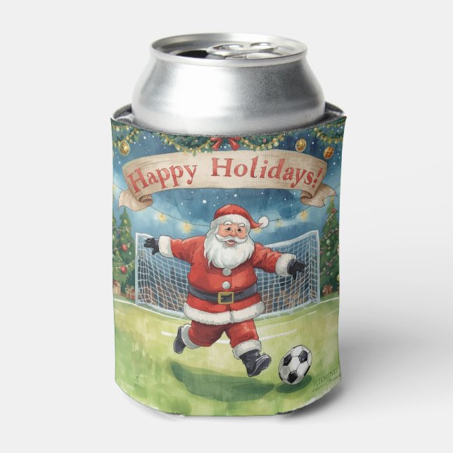 Soccer Ball for Christmas with Santa Claus  Can Cooler (Can Front)