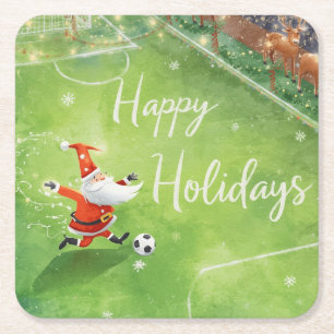 Soccer Ball for Christmas with Santa Claus  Square Paper Coaster