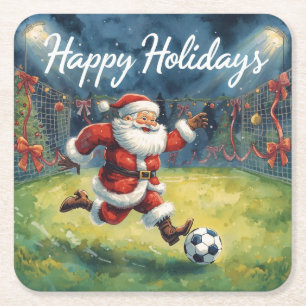 Soccer Ball for Christmas with Santa Claus  Square Paper Coaster