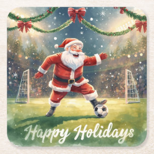 Soccer Ball for Christmas with Santa Claus  Square Paper Coaster