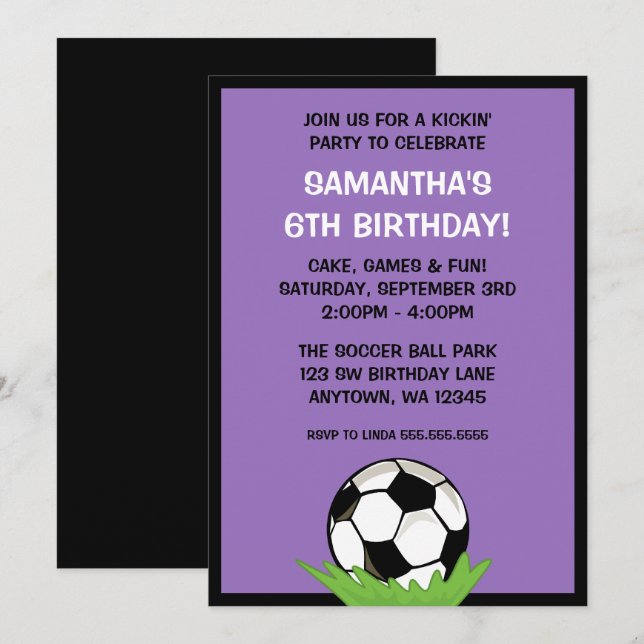 Soccer Ball Girl Purple Birthday Party Invitation (Front/Back)