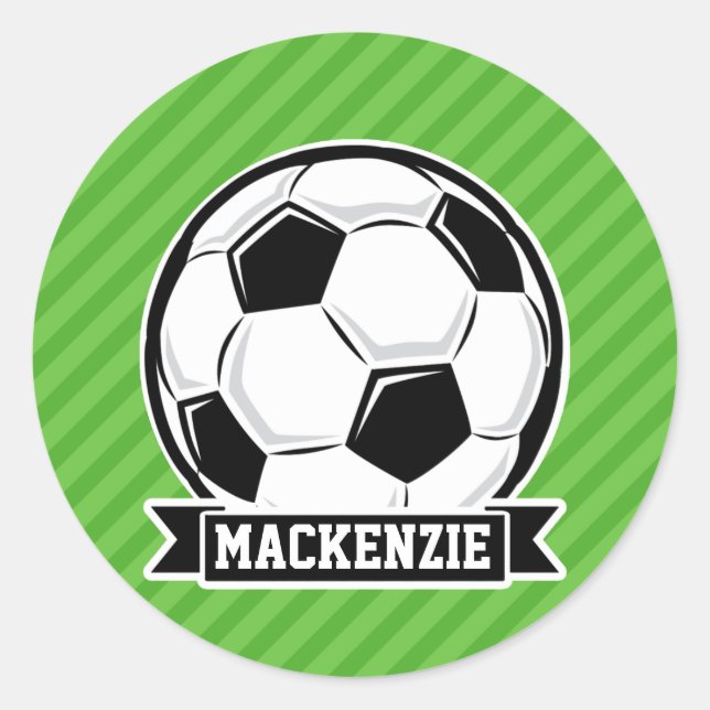 Soccer Ball; Green Stripes Classic Round Sticker (Front)