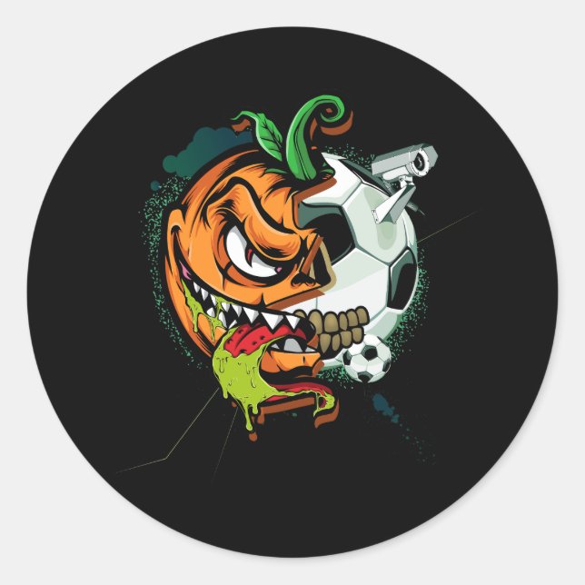 Soccer Ball Half Face Pumpkin Jack O Lantern Skull Classic Round Sticker (Front)