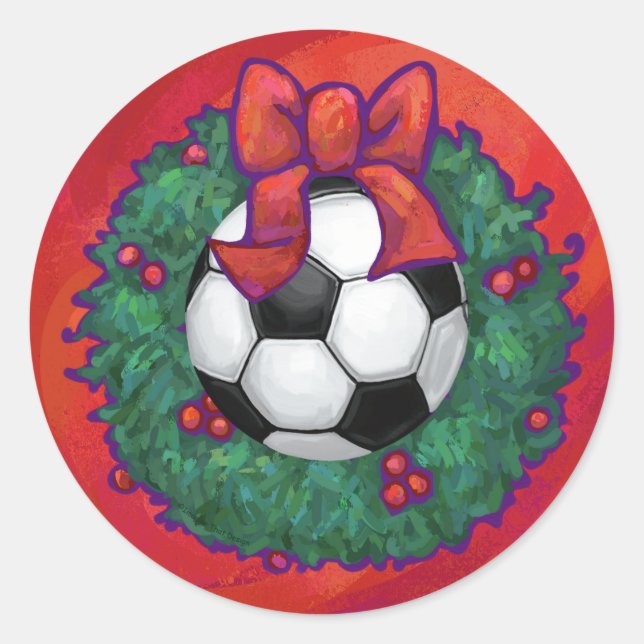 Soccer Ball in a Christmas Wreath on Red Classic Round Sticker (Front)