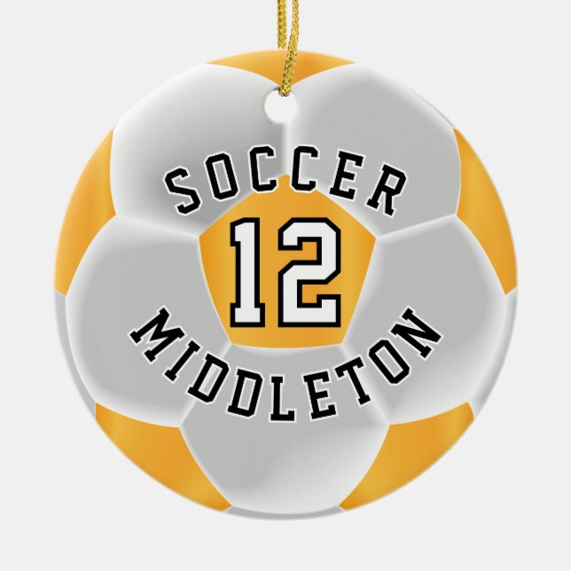 *Soccer Ball in a Gold Yellow and White Ceramic Tree Decoration (Front)