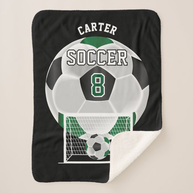 Soccer Ball in Dark Green and Black Sherpa Blanket (Front)