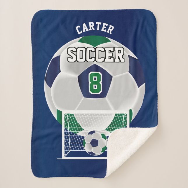 Soccer Ball in Dark Green and Blue Sherpa Blanket (Front)
