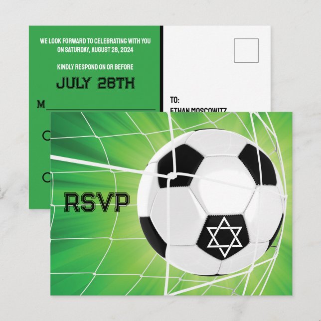 Soccer Ball in Net Bar Mitzvah RSVP Postcard (Front/Back)