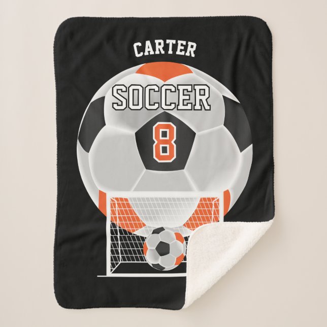 Soccer Ball in Orange, White and Black Sherpa Blan Blanket (Front)