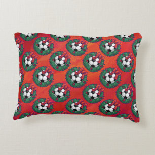 Soccer Ball in Wreath Pattern on Red Decorative Cushion