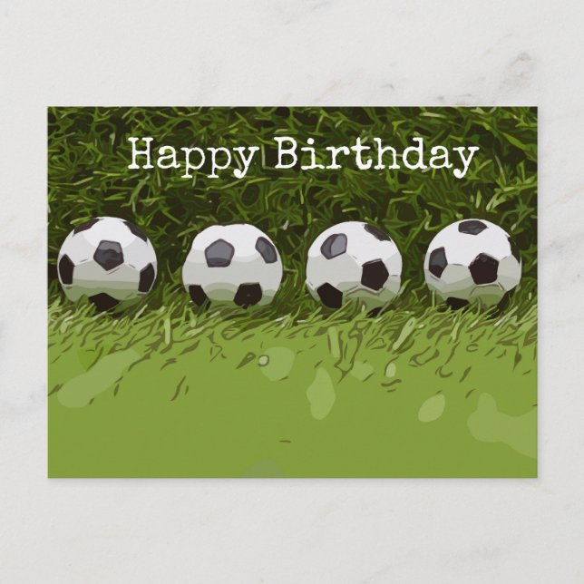 Soccer ball is on green grass Happy Birthday Card (Front)