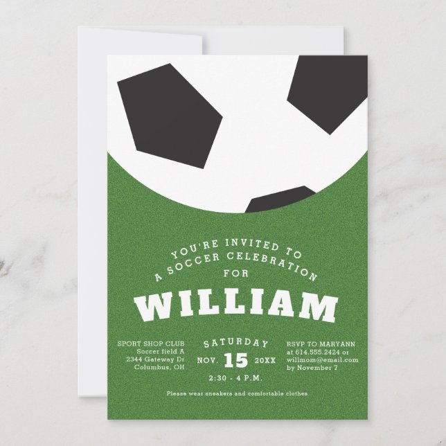 Soccer ball kids birthday party invitation (Front)