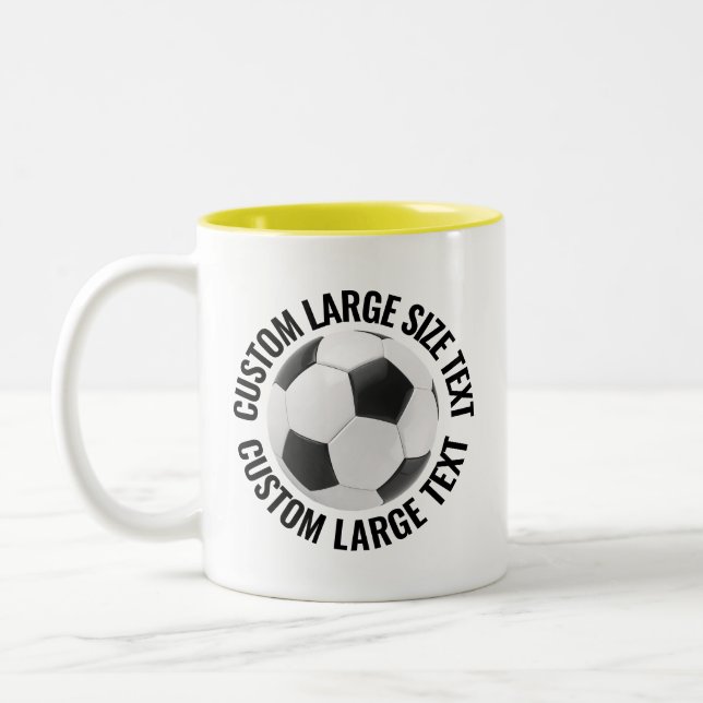 Soccer Ball & Large Text YELLOW 11oz Custom Two-Tone Coffee Mug (Left)