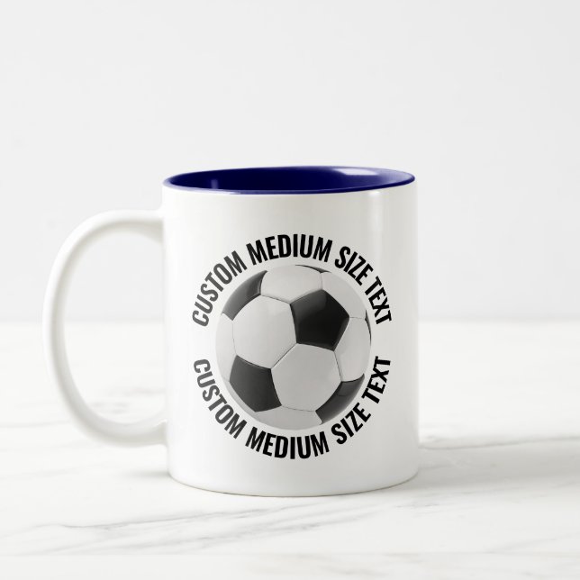Soccer Ball & Medium Text NAVY BLUE 11oz Custom Two-Tone Coffee Mug (Left)