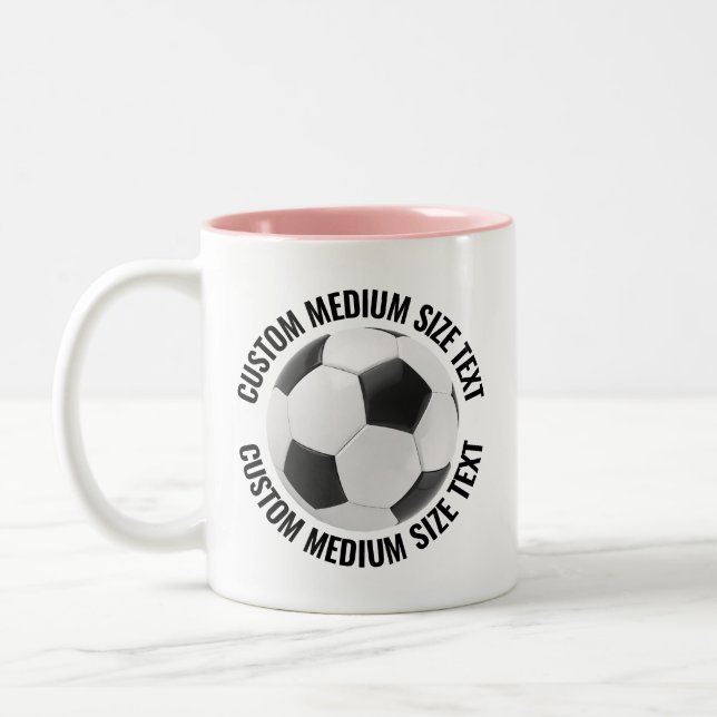 Soccer Ball & Medium Text PINK 11oz Custom Two-Tone Coffee Mug (Left)