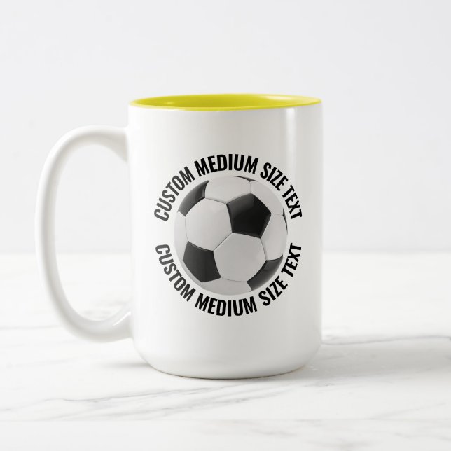 Soccer Ball & Medium Text YELLOW 15oz Custom Two-Tone Coffee Mug (Left)