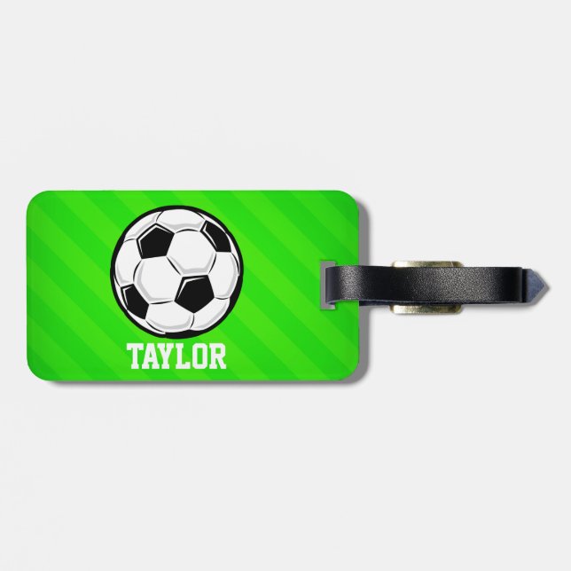 Soccer Ball; Neon Green Stripes Luggage Tag (Back Horizontal)