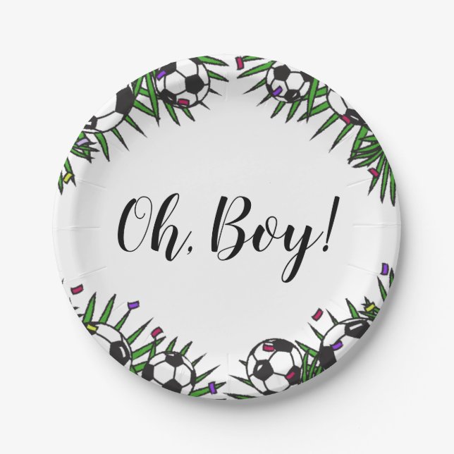 Soccer Ball Oh Boy Sports Game Theme Baby Shower   Paper Plate (Front)