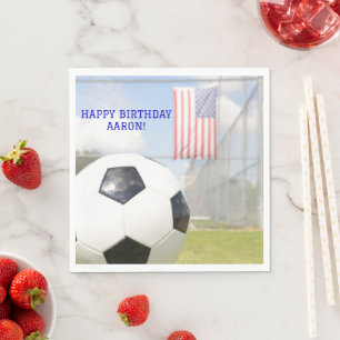 Soccer Ball on Field American Flag Birthday Party Napkin