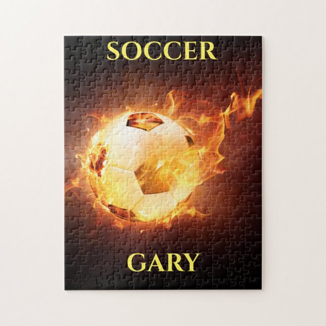 Soccer ball on fire puzzle for kids. (Vertical)