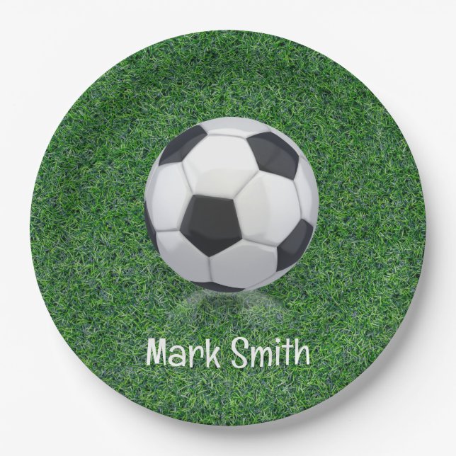 Soccer ball on green grass paper plate (Front)
