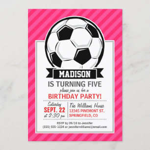 Soccer Ball on Neon Pink Stripes Invitation