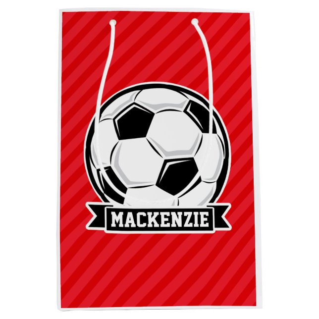 Soccer Ball on Red Diagonal Stripes Medium Gift Bag (Front)