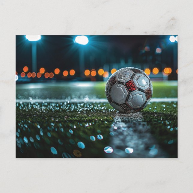 Soccer ball on the empty wet arena pitch holiday postcard (Front)