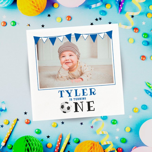 Soccer Ball One 1st Birthday Photo Birthday Party Napkin (Creator Uploaded)