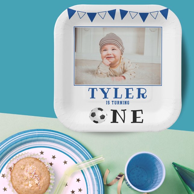 Soccer Ball One 1st Birthday Photo Birthday Party  Paper Plate (Creator Uploaded)