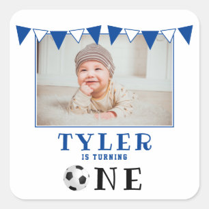 Soccer Ball One 1st Birthday Photo Birthday  Square Sticker