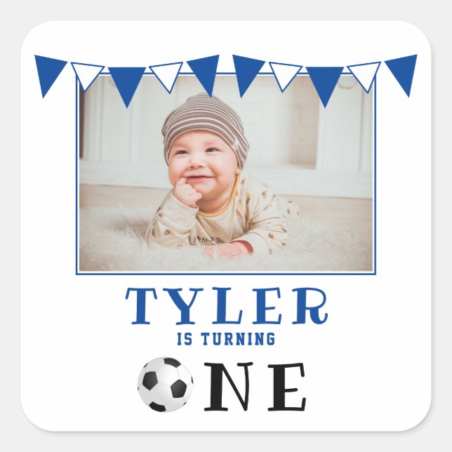 Soccer Ball One 1st Birthday Photo Birthday  Square Sticker (Front)