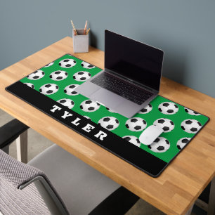 Soccer Ball Pattern, Bold Name, Black/Green Desk Mat