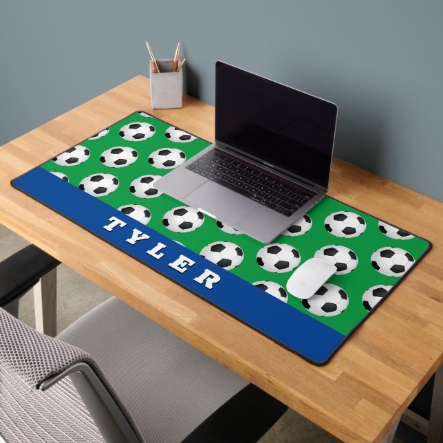Soccer Ball Pattern, Bold Name, Blue/Green Desk Mat (Office 2)