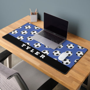 Soccer Ball Pattern, Name on Blue & Black Desk Mat